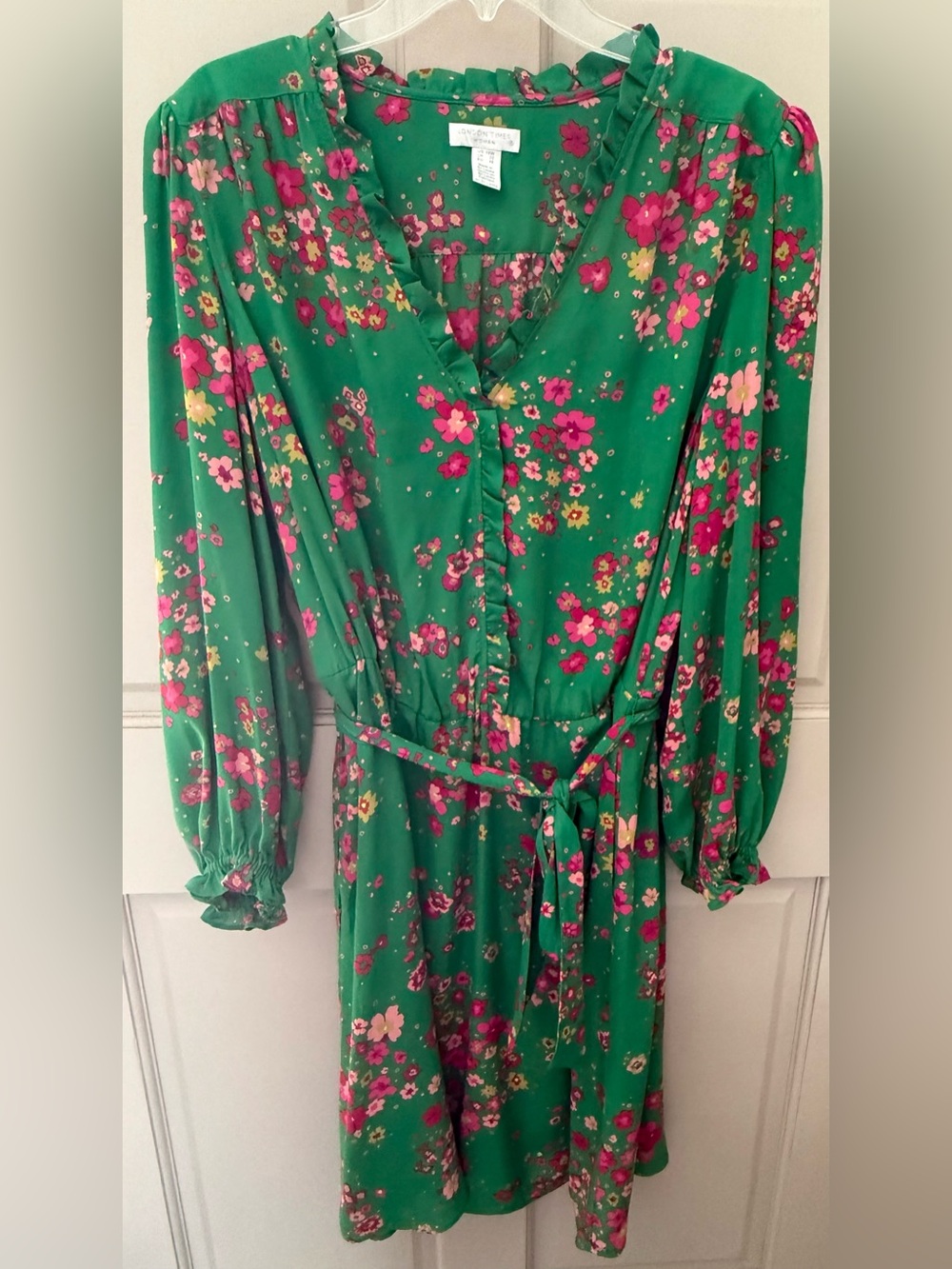 London Times Green Floral Tie-Waist Long Sleeve Dress with Pink & Yellow Flowers